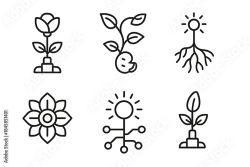 Cyber Botanical Symbols. Line style round vector icons of Cyber Botanical: robotic flower, electric vine, luminous root, steel