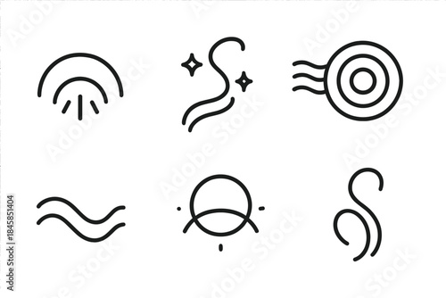 Gentle Energy Icons. Line style round vector icons of Gentle Energy: smooth beam, luminous flow, warm current, balanced light,