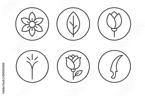 Metallic Floral Icons. Line style round vector icons of Iron Petals: metallic flower, steel leaf, chrome bud, glowing stem, forged