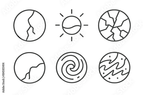 Fragile Energy Icons. Line style round vector icons of Fragile Energy: fractured sphere, glowing line, splintered surface, soft