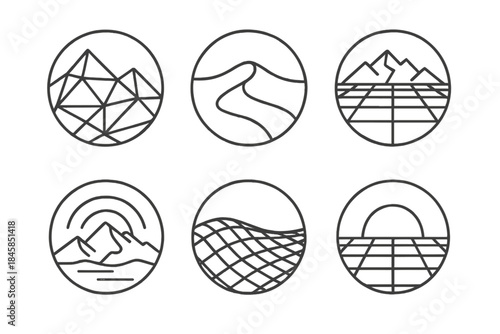 Futuristic Terrain Icons. Line style round vector icons of Futuristic Terrain: polygon ridge, metallic dune, digital reflection,