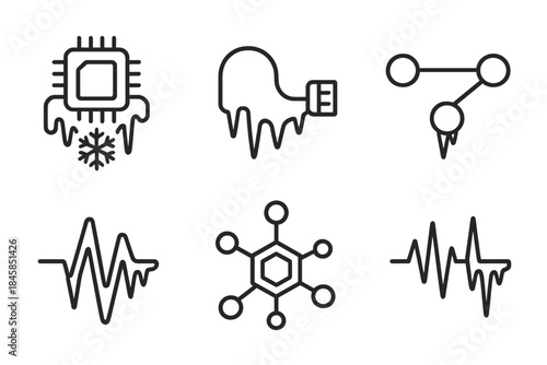 Frozen Circuitry Icons. Line style round vector icons of Frozen Circuitry: icy chip, frosted wire, cold connection, frozen pulse,