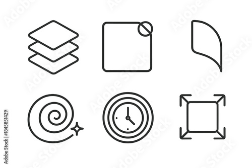 Dimensional Art Icons. Line style round vector icons of Dimensional Art: folded layer, shifting hue, curved edge, glowing trace,