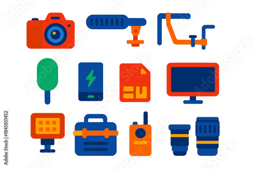 Field Gear Icons. Flat vector icons of field production gear: DSLR camera, shotgun microphone, shoulder rig, windscreen, battery