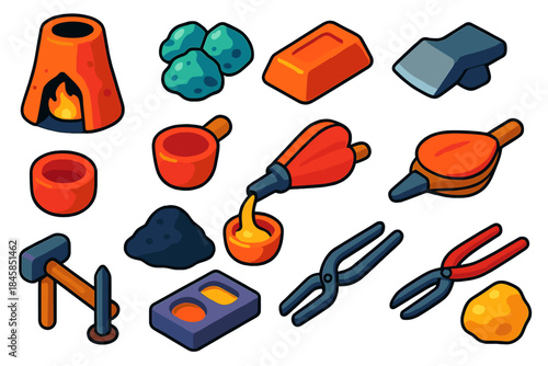 Ancient Metallurgy Icons. Flat vector icons of Candle Shop Display: candle shelf, stacked jars, tester candle, scent strips, gift