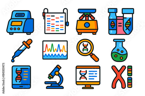 Genetic Analysis Icons. Flat vector icons of genetic analysis techniques: PCR machine, gel electrophoresis, centrifuge, DNA