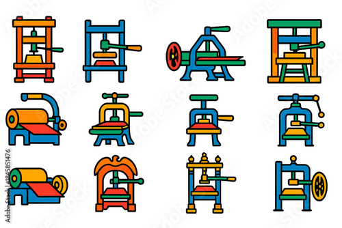 Historical Printing Press Icons. Flat vector icons of Historical Printing Presses: Gutenberg press, iron hand press, proof press,