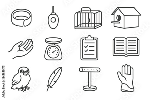 Falconry Conservation Icons. Line style icons of conservation falconry: tracking band, GPS tag, release cage, rooftop nest box;