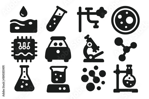 Microgravity Experiment Icons. Solid style icons of Microgravity experiments: floating liquid, test tube, lab clamp, petri dish,
