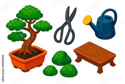Vibrant Bonsai Collection. Isometric vector illustration set Bonsai Collection: miniature pine tree, ceramic pot, pruning scissors