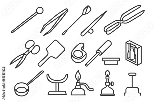 Glassmaking Tool Icons. Line style icons of traditional glass tools: blowpipe, punty iron, diamond point, brass tweezers; shears,