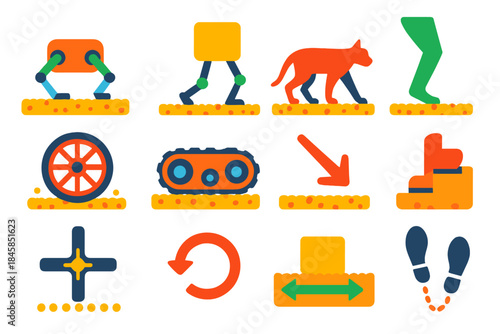 Locomotion Mechanics Icons. Flat vector icons of locomotion mechanics over granular materials: crawling robot, walking robot,