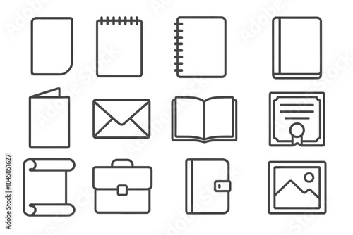 Line Style Paper Icons. Line style icons of finished paper works: folio sheet, sketch pad, notebook, journal; card, envelope,
