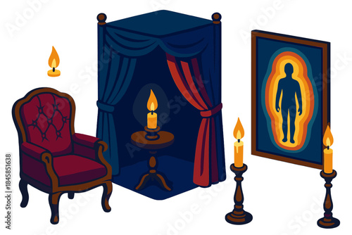 18th Century Healing Room. Isometric vector illustration set 18th Century Healing Room: Velvet armchair for subject, curtained