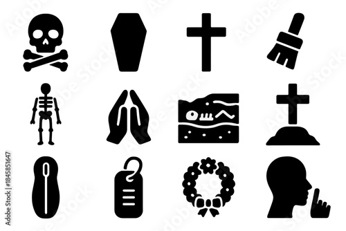 War Grave Icons. Solid style icons of war grave excavation: human remains, coffin outline, memorial cross, excavation brush,