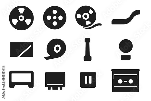 Tape Technology Icons. Solid style icons of Tape Technology: Open Reel, Tape Hub, Tape Spool, Leader Strip, Tape Edit Block,