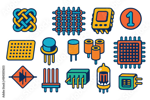 Analog Memory Icons. Isometric vector illustration set Analog Memory: woven rope structure, ferrite magnetic lattice, early chip,