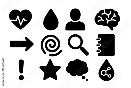 Physiological Reaction Icons. Solid style icons of physiological and emotional reactions: heartbeat, sweat droplet, human