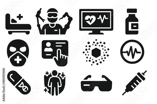 Medical Futurism Icons. Solid style icons of Medical Futurism: Healing Bed, Robotic Surgeon, Data Monitor, Serum Vial, Bio Mask,
