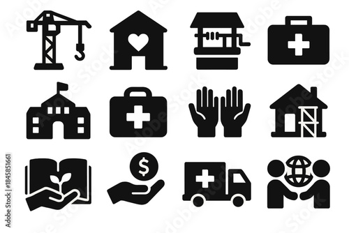 Peacebuilding Icons Collection. Solid style icons of Peacebuilding Efforts: reconstruction crane, community center, water well,