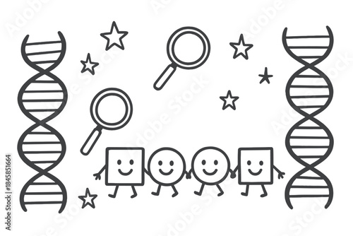 DNA Doodle Delight. Whimsical doodle sequence analysis with cartoon DNA ladders, smiling bases A, T, G, C holding hands,