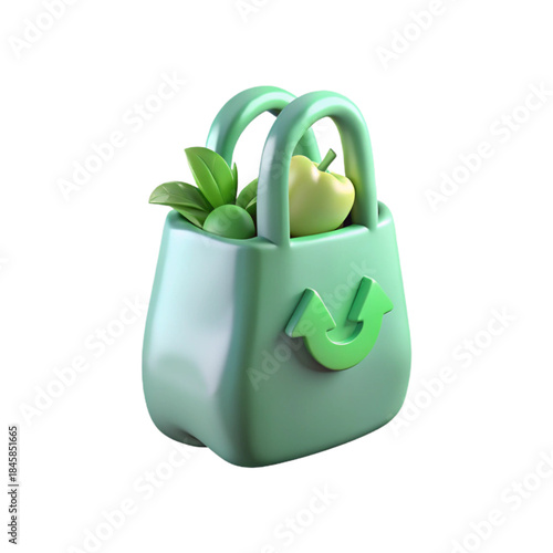Eco Shopping Bag with Plants Icon. A glossy reusable shopping bag filled with green plants, symbolizing eco-friendly shopping and sustainable lifestyle choices.