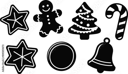 Black Silhouette Christmas Cookies Icons Star Gingerbread Man Tree Candy Cane Bell Circle Keywords: christmas, cookie, icon