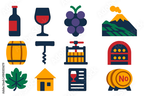 Vineyard Icon Collection. Flat vector icons of vineyard culture on volcanic slopes: wine bottle, wine glass, grape cluster,