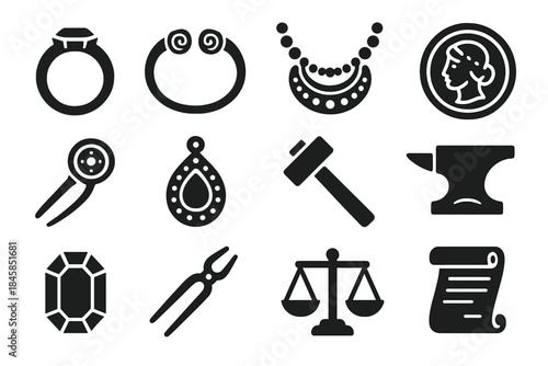 Ancient Metalwork Icons. Solid style icons of ancient jewelry and small metalwork: ring, bracelet, necklace, coin, brooch, pendant