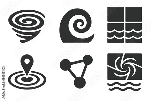 Watery Storytelling Icons. Solid style icons of watery storytelling systems: whirlpool paths, spiral outlines, scene grids, ripple