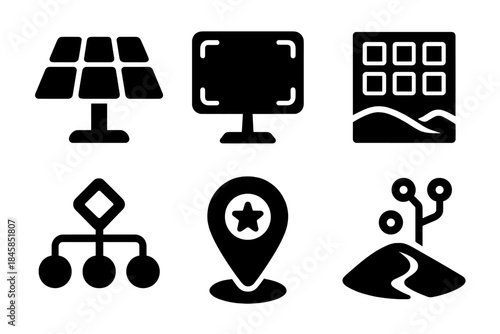 Ephemeral Tech Icons. Solid style icons of ephemeral technology systems: transient panels, glowing outlines, mirage grids,