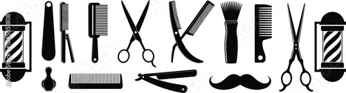 Barber shop tools and mustache icons arranged on white background Keywords: barber, hairdresser, salon, hair salon, scissors