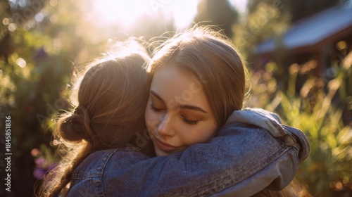 two friends hugging natural daylight friendship love