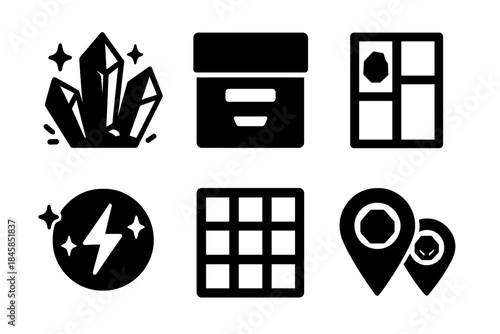 Spark System Icons. Solid style icons of spark-based collection systems: glowing crystals, archive nodes, specimen panels, spark