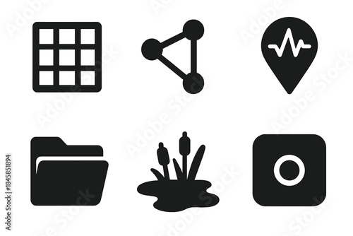 Marsh Memory Icons. Solid style icons of marsh memory tools: wetland grids, data nodes, pulse markers, archival icons, swamp