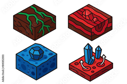 Vivid Gem Formation. Isometric vector illustration set Gem formation: emerald veins, ruby crystal layers, sapphire geological