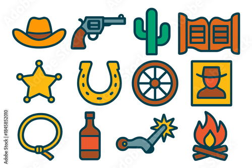 Wild West Icons. Flat vector icons of Wild West: cowboy hat, revolver, cactus, saloon doors, sheriff badge, horseshoe, wagon wheel