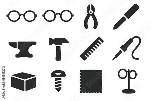 Spectacle Making Icons. Solid style icons of Spectacle Making: Wire Frame, Round Lens, Cutter, File, Anvil, Hammer, Ruler,