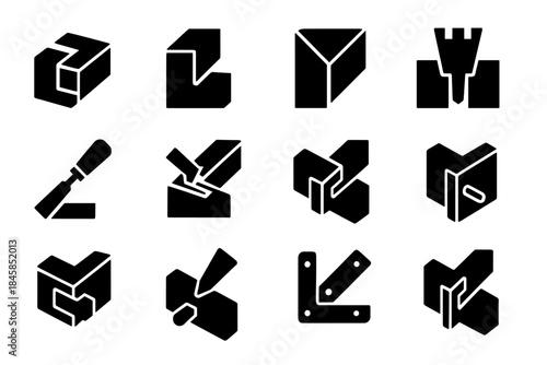 Carpentry Joint Icons. Solid style icons of carpentry joints: half lap joint, mitered corner, dovetail pins, mortise chisel,