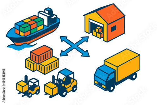 Colorful Supply Chain Icons. Isometric vector illustration set Supply Chain Logistics: cargo ship, warehouse building, stacked