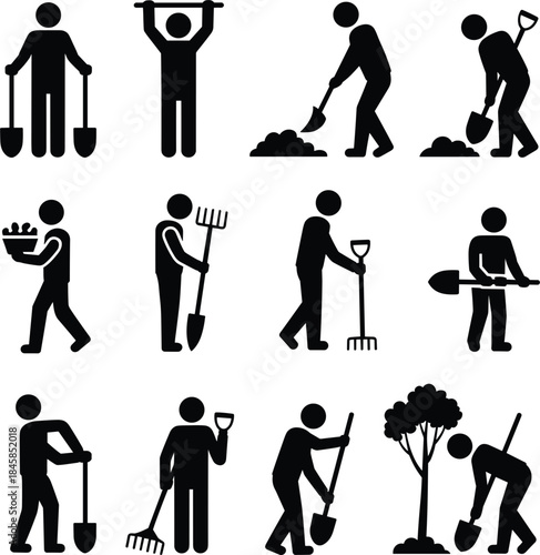 Gardening Silhouettes Set of 12 Figures with Tools and Plants untitled