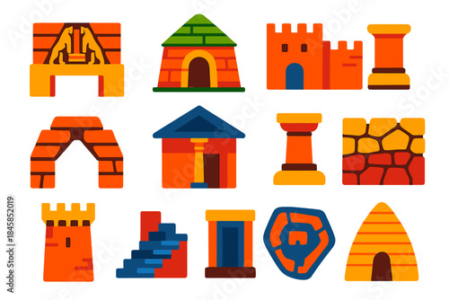 Mycenaean Architecture Icons. Flat vector icons of Mycenaean Architecture: lion gate, tholos tomb, palace walls, corbelled arch,