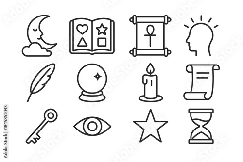 Symbolic Research Icons. Line style icons of Symbolic Research: Dream Interpretation, Symbol Catalog, Ancient Scroll, Prophecy;
