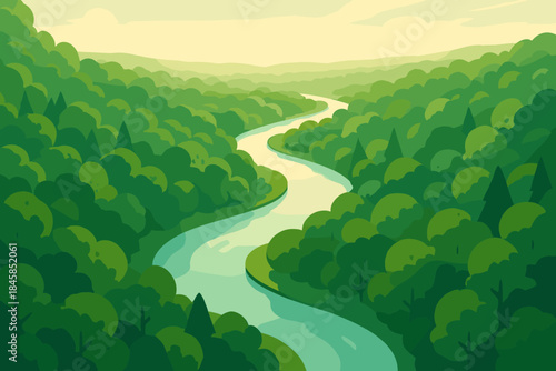 Lush Forest River. Aerial view of a lush forest surrounding a winding river under soft sunlight, serene and expansive, vector