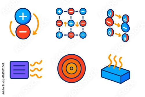 Heating Mechanisms Icons. Isometric vector illustration set Specific Heating Mechanisms: dipole rotation icon, ionic conduction