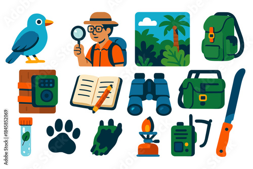 Species Rediscovery Icons. Isometric vector illustration set Species Rediscovery: rediscovered species icon, jungle scientist,