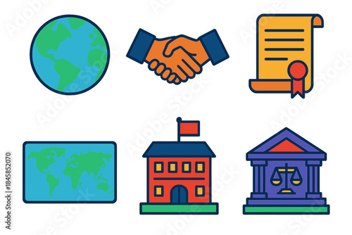 International Treaty Icons. Isometric vector illustration set International IP Treaties: globe icon, handshake agreement, legal