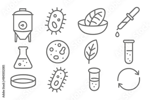 Sustainable Food Tech Icons. Line style icons of Sustainable Food Tech: Brewing Vessel, Microbe, Alternative Protein, Food
