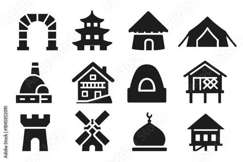Traditional Architecture Icons. Solid style icons of Traditional Architecture: stone arch, wooden pagoda, thatched hut, desert