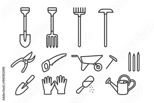 Line Icons of Garden Tools. Line style icons of Garden Tools: Spade, Fork, Rake, Hoe; Secateurs, Pruning Saw, Wheelbarrow,